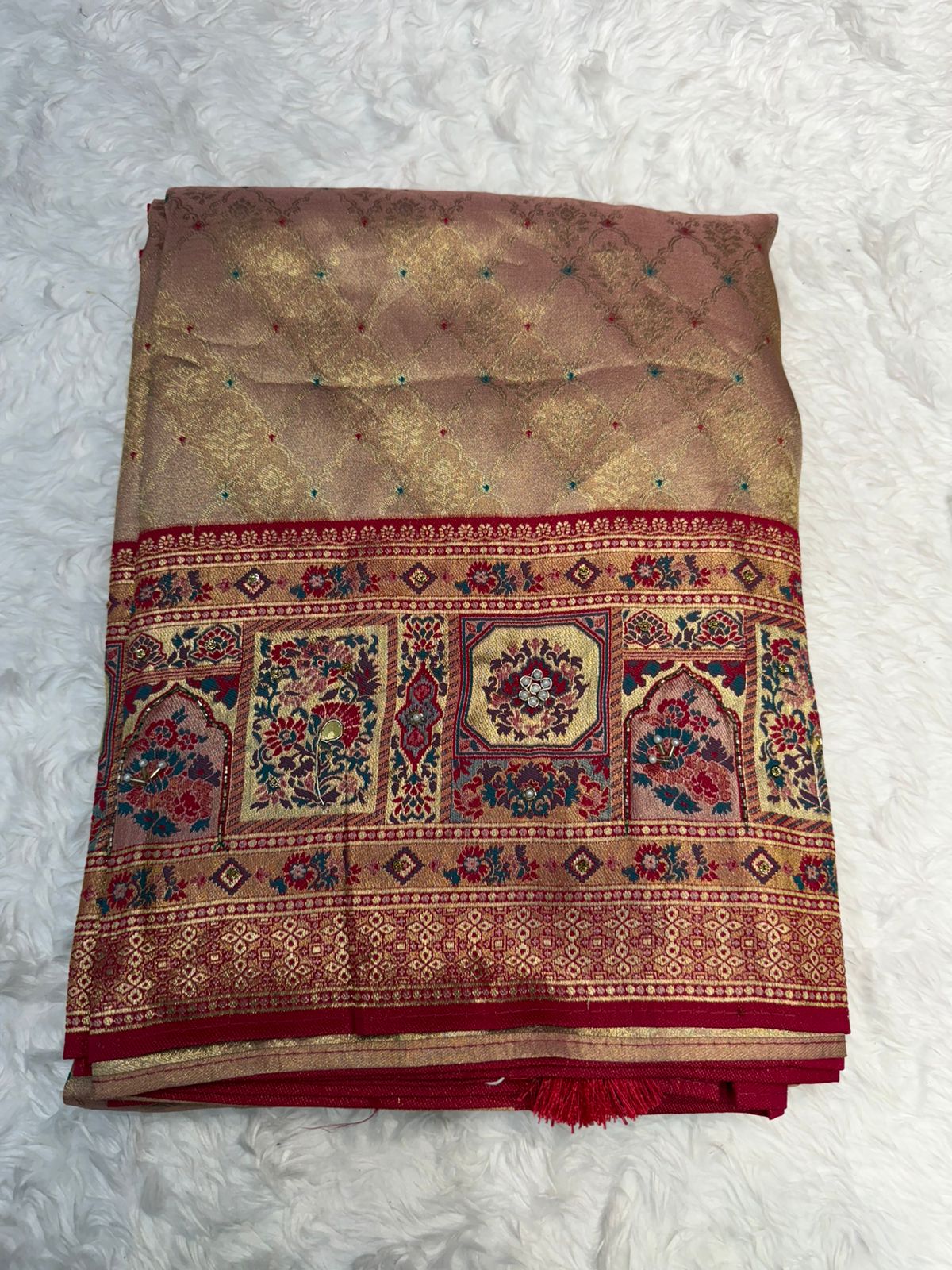 Elegant Beige & Red Banarasi Style Silk Saree with Rich Woven Pallu & Tassels