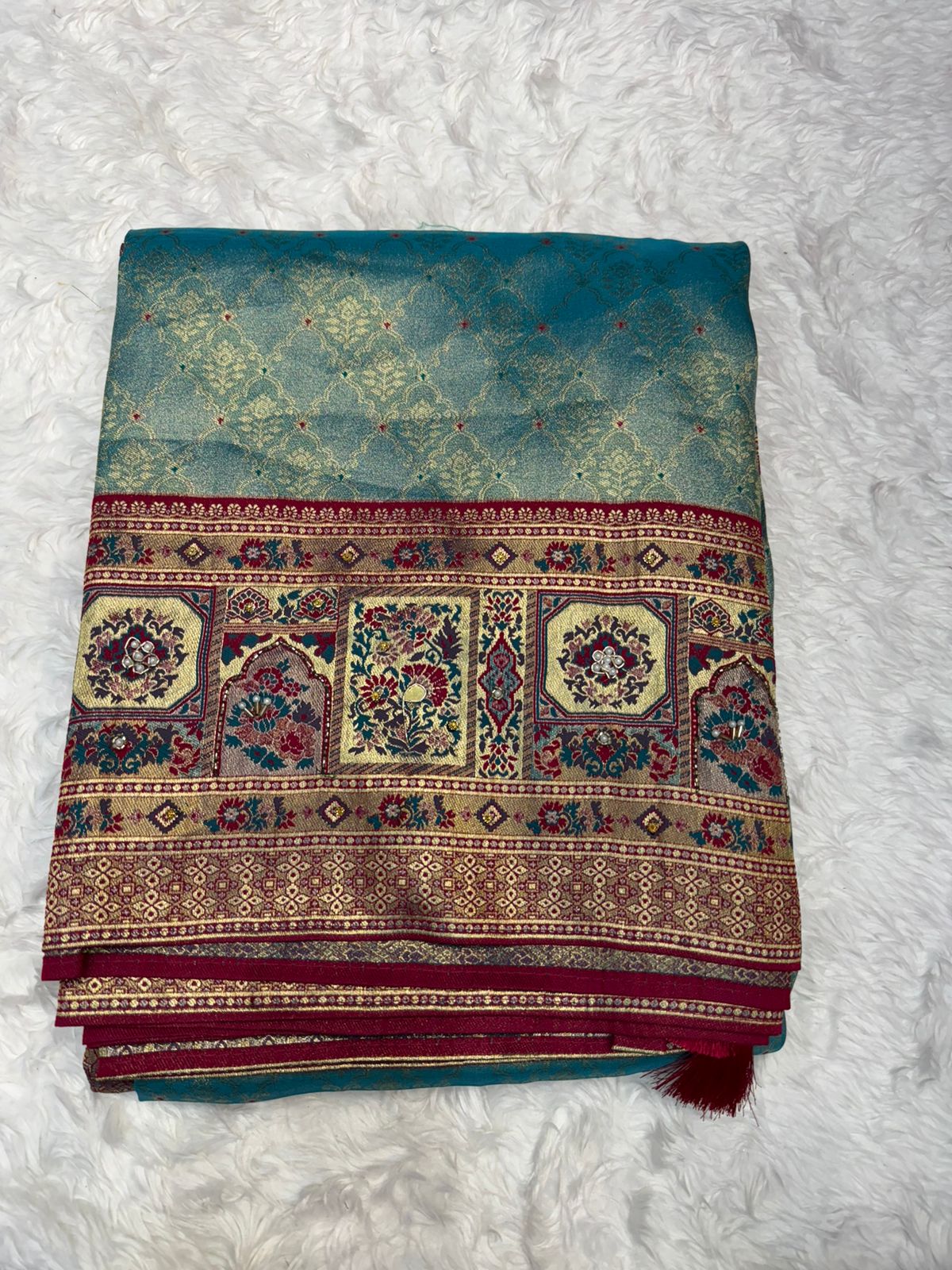 Elegant Beige & Red Banarasi Style Silk Saree with Rich Woven Pallu & Tassels