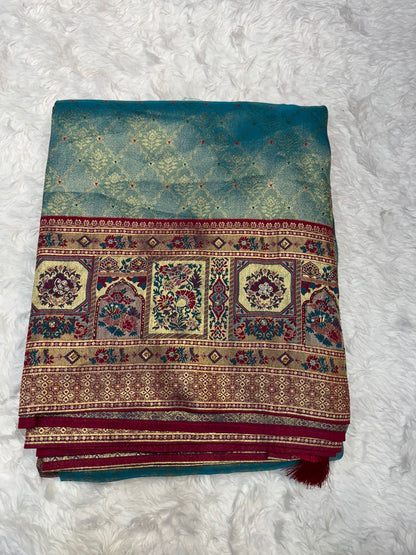 Elegant Beige & Red Banarasi Style Silk Saree with Rich Woven Pallu & Tassels