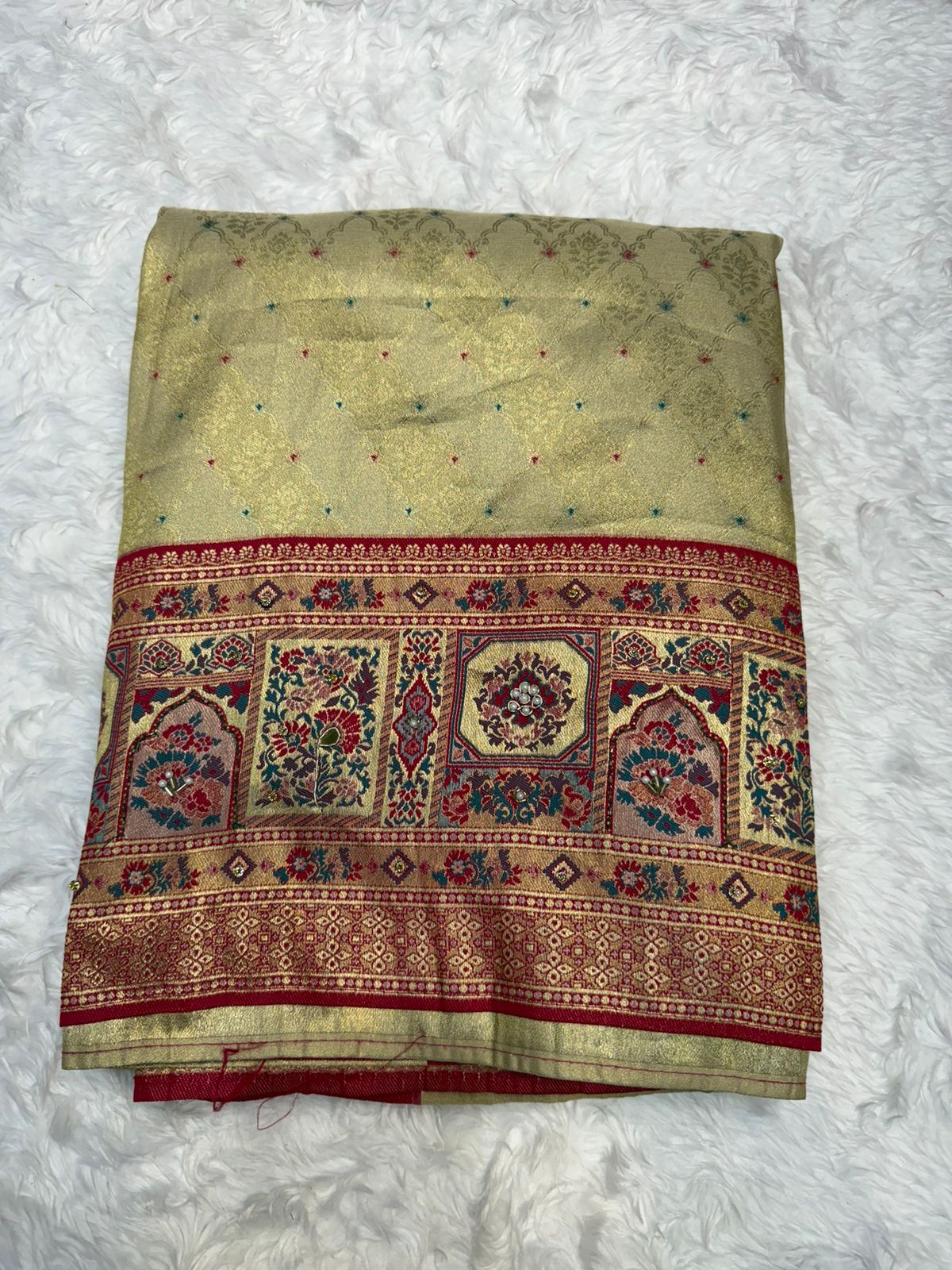 Elegant Beige & Red Banarasi Style Silk Saree with Rich Woven Pallu & Tassels