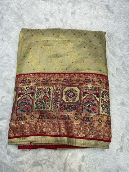 Elegant Beige & Red Banarasi Style Silk Saree with Rich Woven Pallu & Tassels