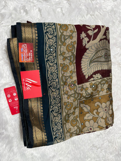 Traditional Kalamkari Style Saree in Green & Maroon