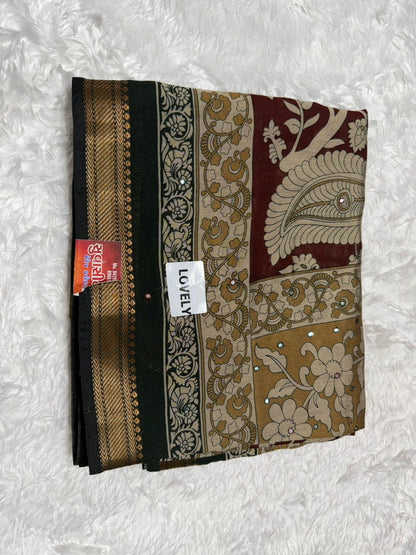 Traditional Kalamkari Style Saree in Green & Maroon