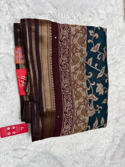 Traditional Kalamkari Style Saree in Green & Maroon