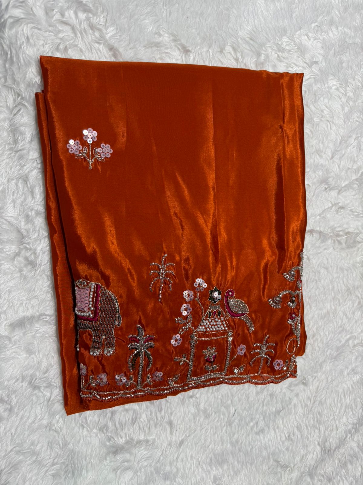 Rust Orange Embroidered Festive Saree with Traditional Border