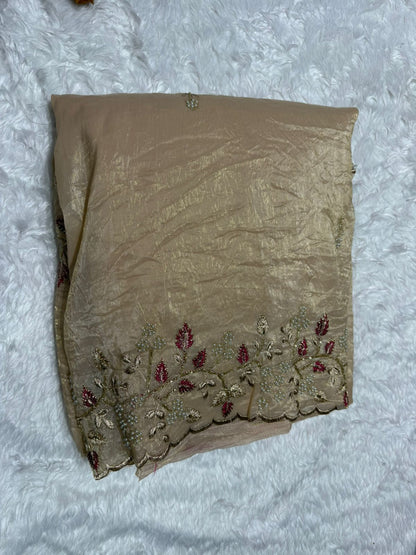Elegant Golden Beige Embroidered Saree