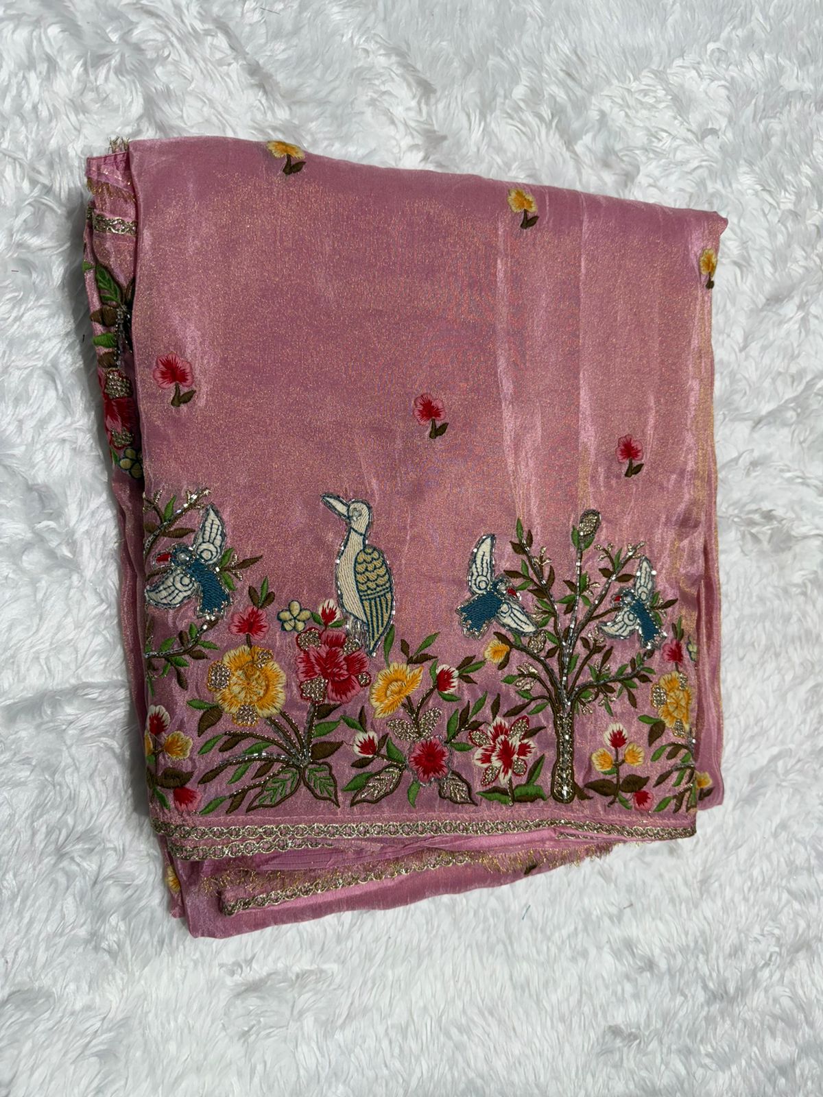 Elegant Cream Saree with Multicolor Floral Embroidery