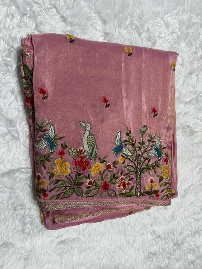 Elegant Cream Saree with Multicolor Floral Embroidery