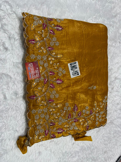 Elegant Golden Beige Embroidered Saree