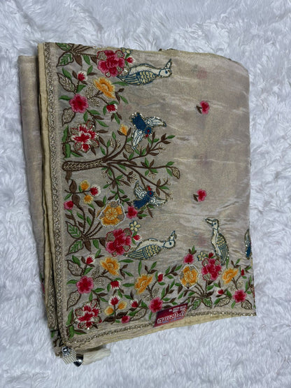 Elegant Cream Saree with Multicolor Floral Embroidery