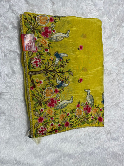 Elegant Cream Saree with Multicolor Floral Embroidery