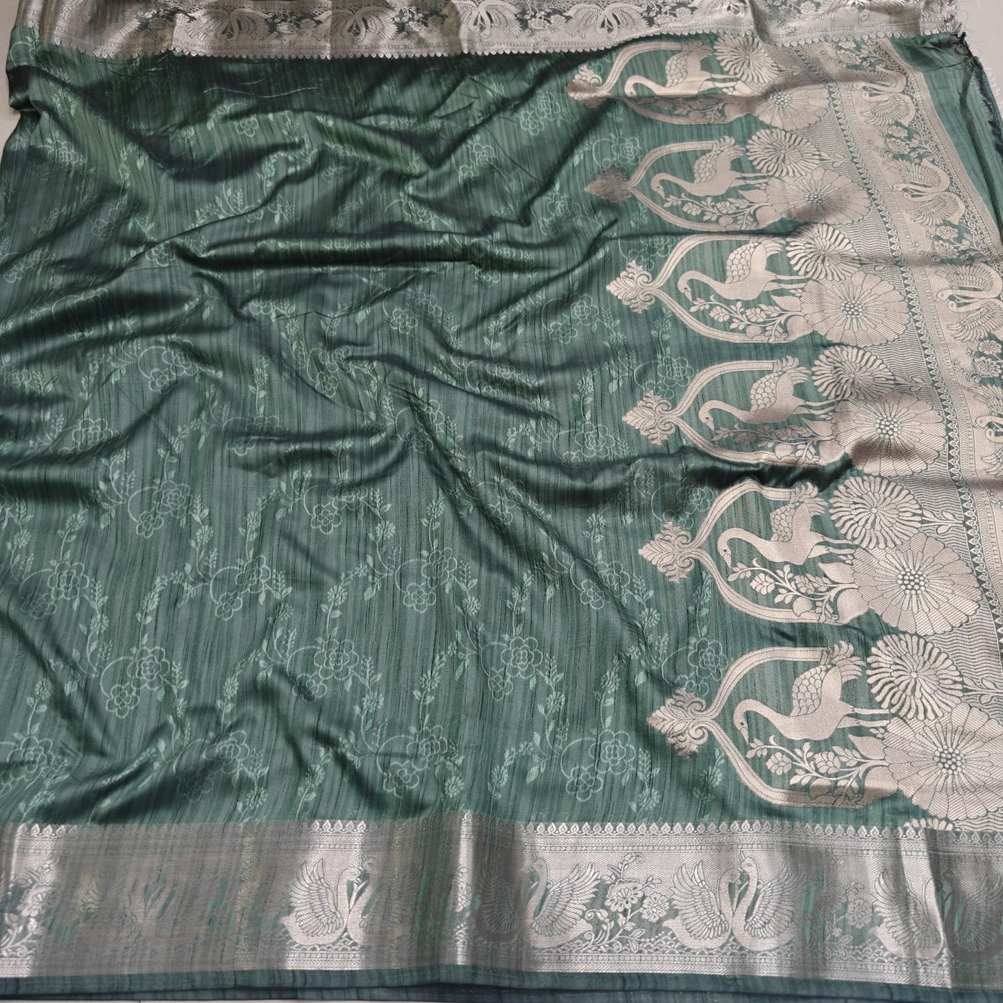 Premium Olive Green Traditional Silk Saree with Rich Gold Border