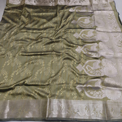 Premium Olive Green Traditional Silk Saree with Rich Gold Border