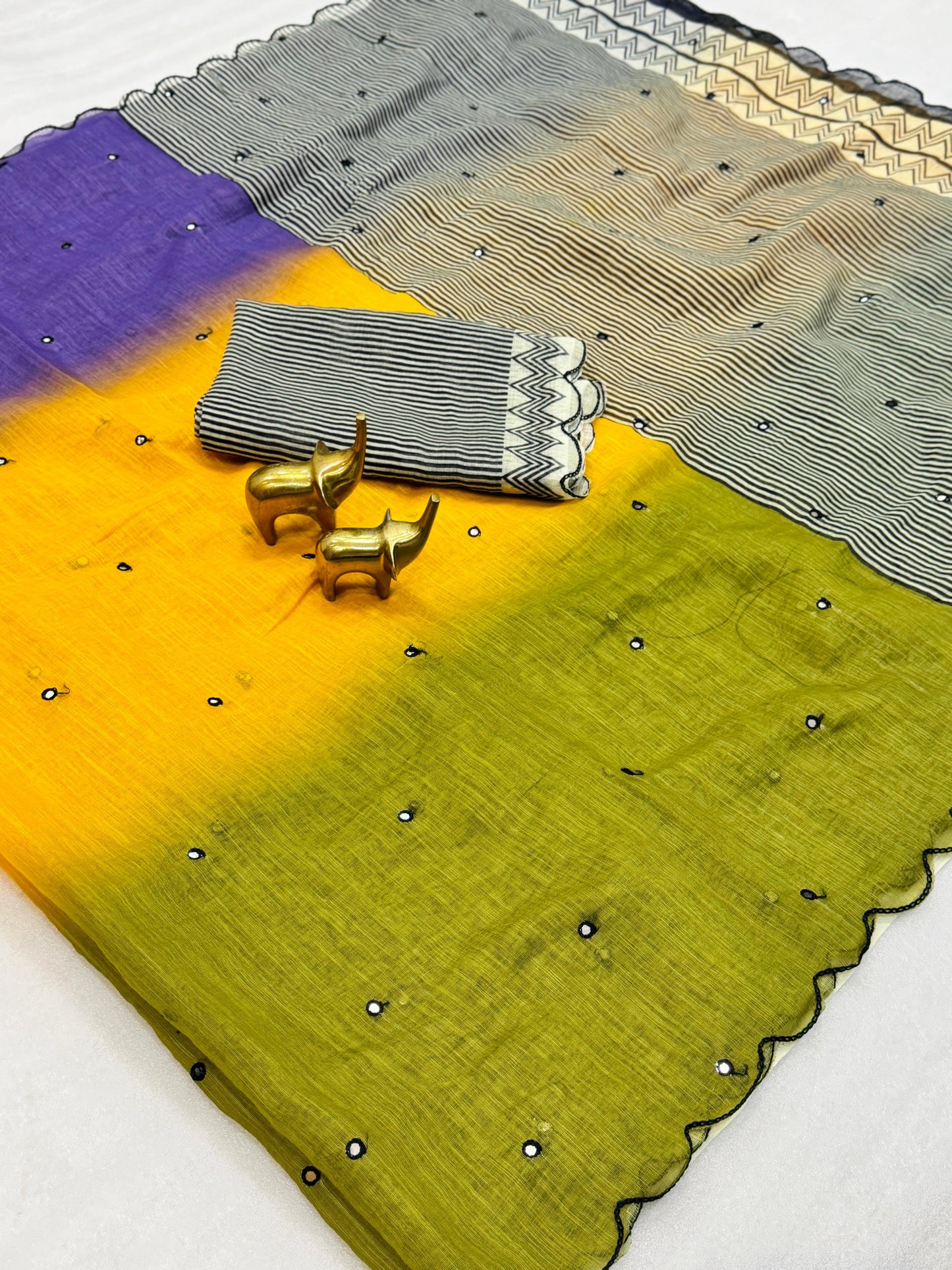 Elegant Ombre Blue & Mint Linen Cotton Saree with Stripe Pallu & Mirror Work