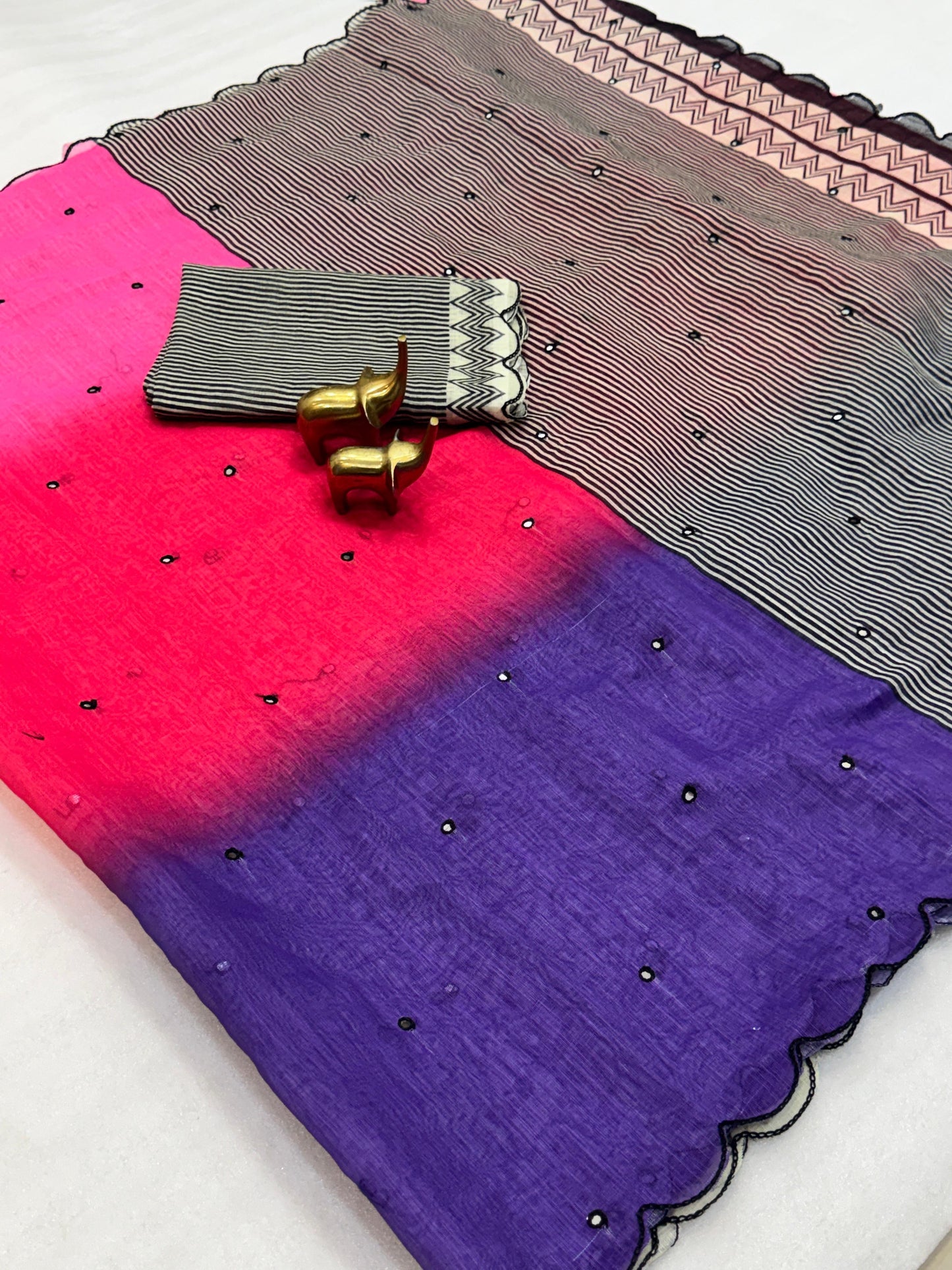 Elegant Ombre Blue & Mint Linen Cotton Saree with Stripe Pallu & Mirror Work