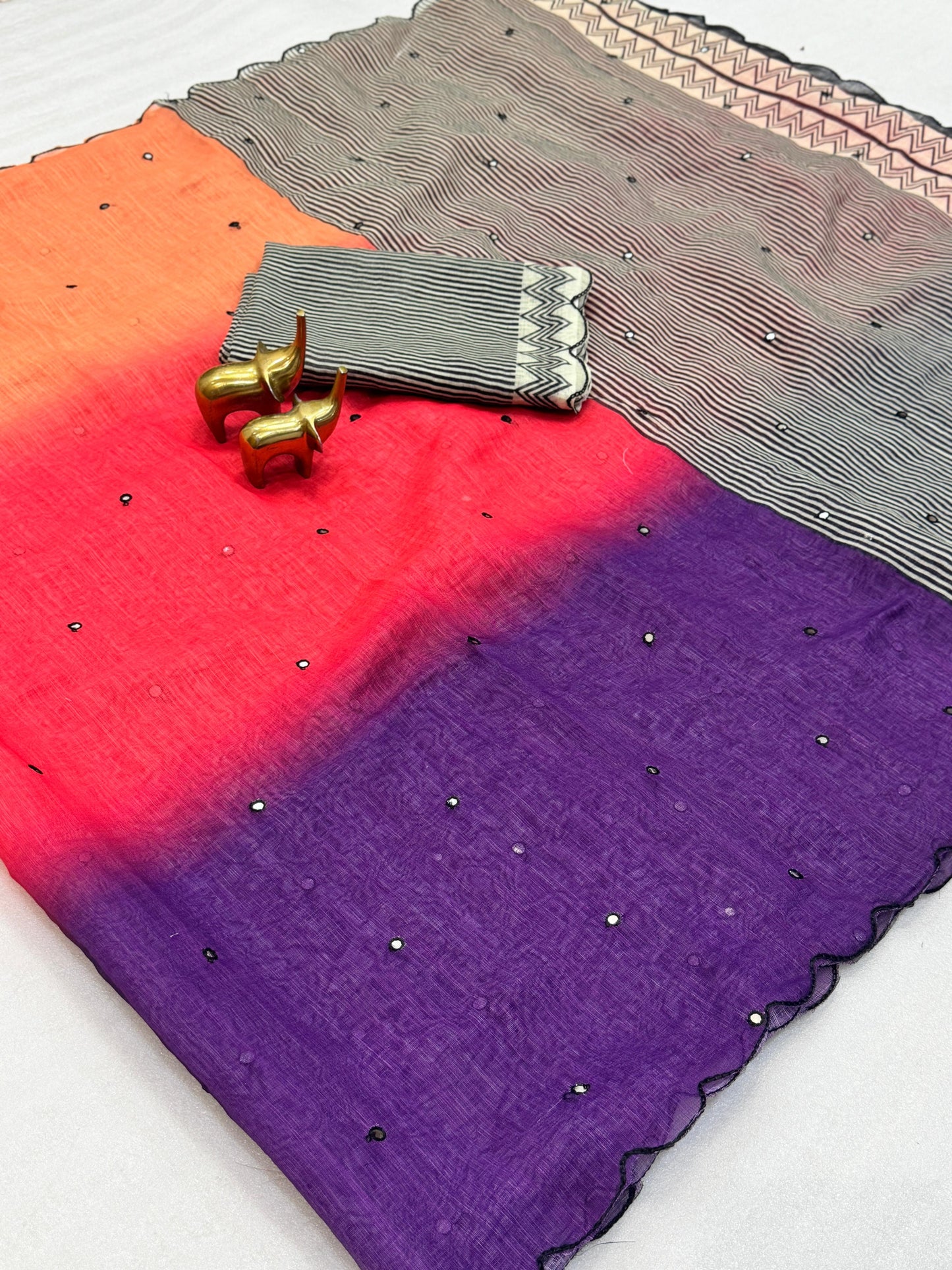 Elegant Ombre Blue & Mint Linen Cotton Saree with Stripe Pallu & Mirror Work