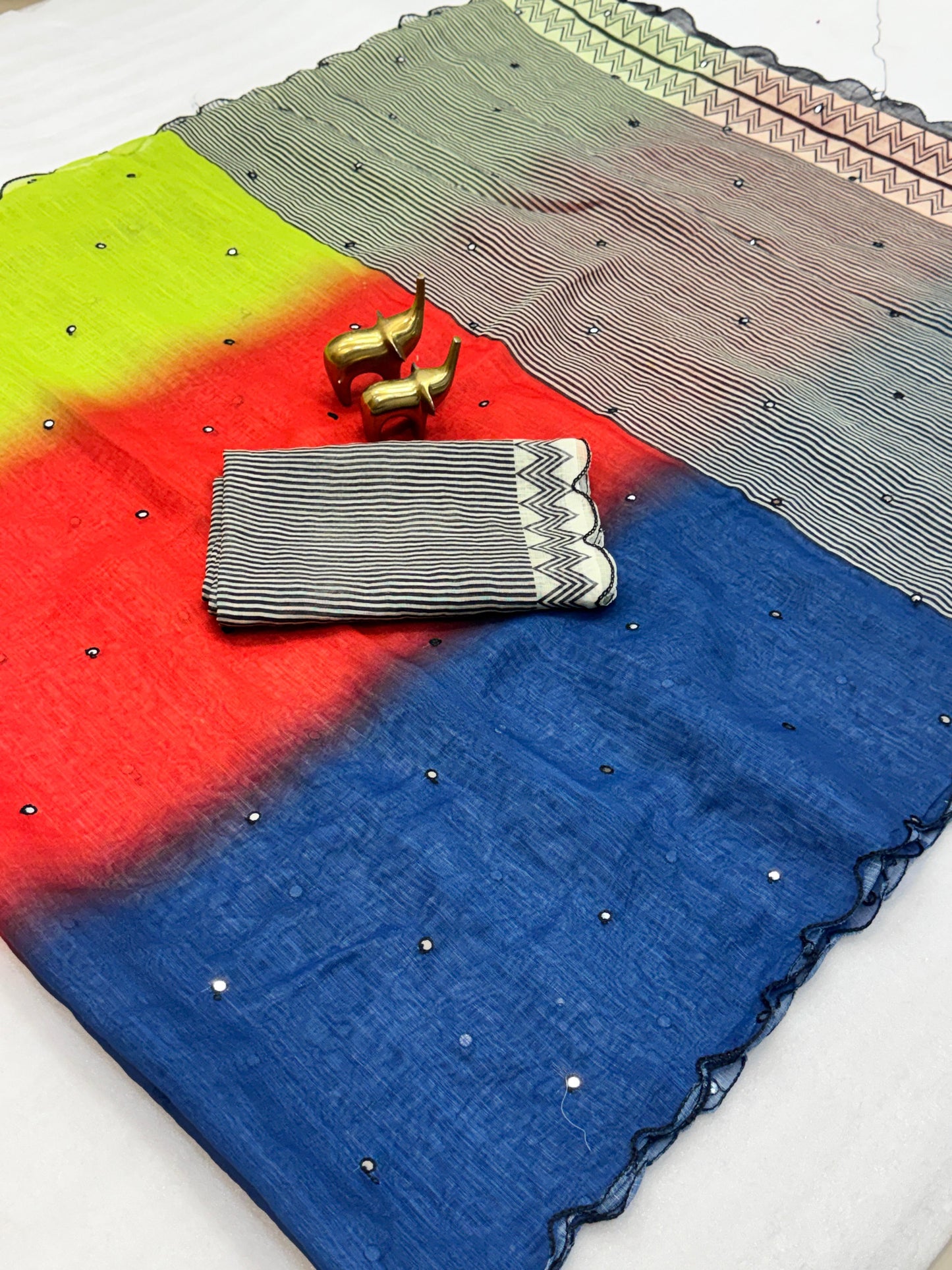 Elegant Ombre Blue & Mint Linen Cotton Saree with Stripe Pallu & Mirror Work