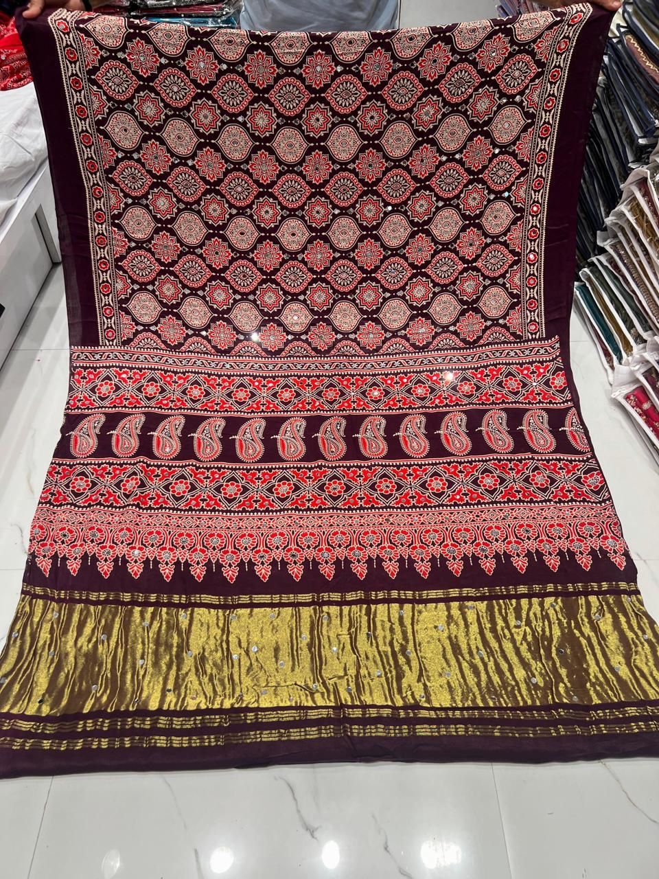 Royal Red Paisley & Floral Print Saree