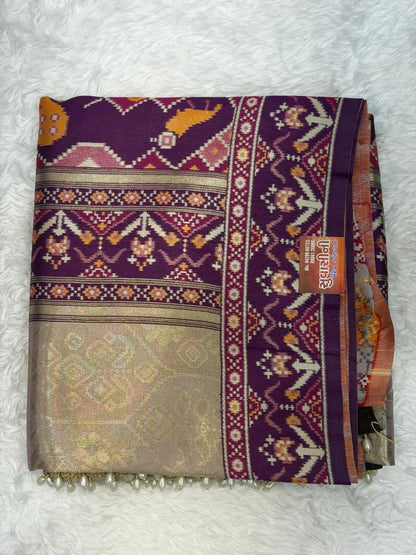 Royal Peacock Print Silk Blend Saree with Designer Border & Unstitched Blouse Piece