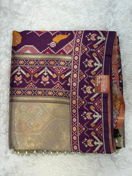 Royal Peacock Print Silk Blend Saree with Designer Border & Unstitched Blouse Piece