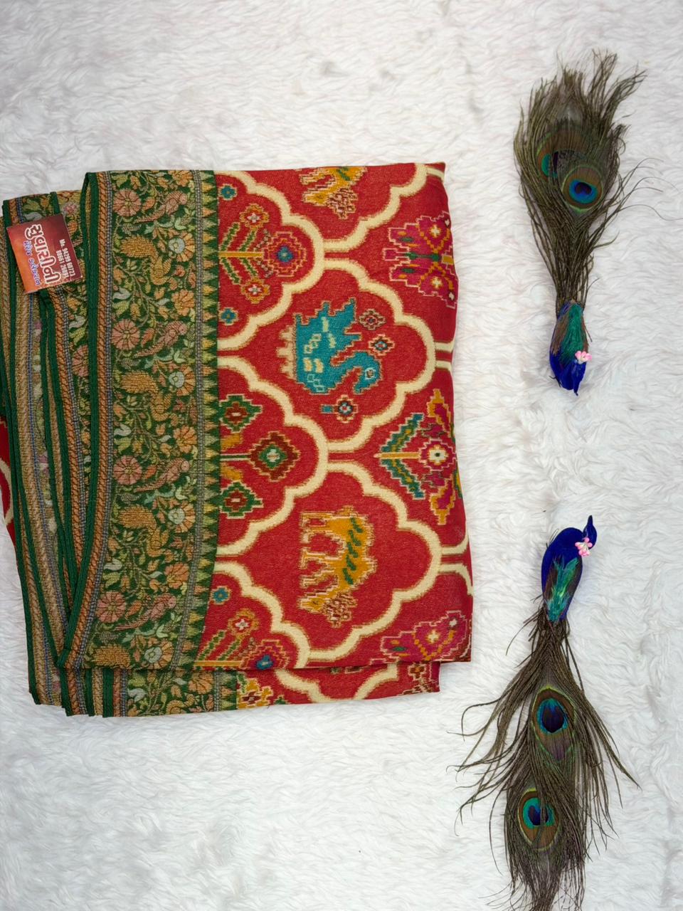 Royal Blue & Red Traditional Printed Saree with Elegant Tassel Border
