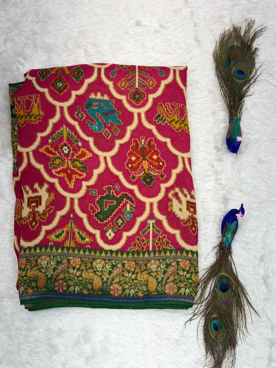 Royal Blue & Red Traditional Printed Saree with Elegant Tassel Border