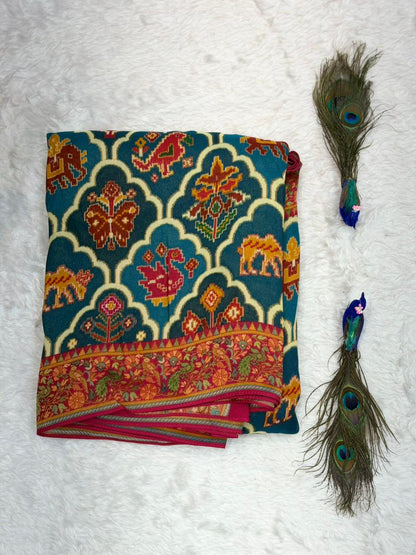 Royal Blue & Red Traditional Printed Saree with Elegant Tassel Border