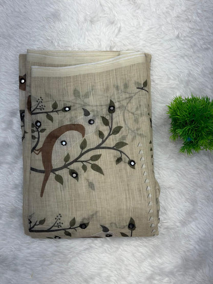 Elegant Beige Handcrafted Print Saree with Olive Green Contrast Border