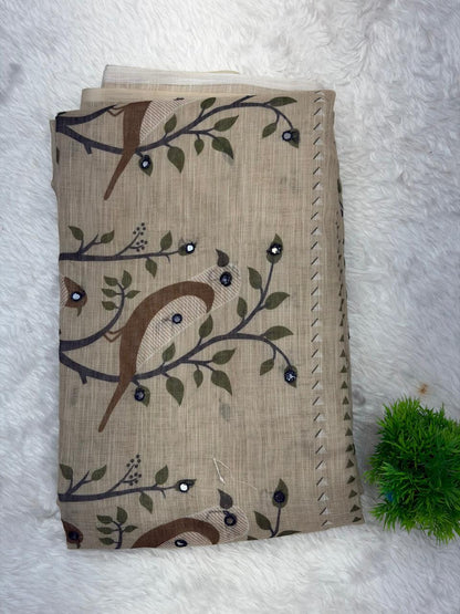 Elegant Beige Handcrafted Print Saree with Olive Green Contrast Border