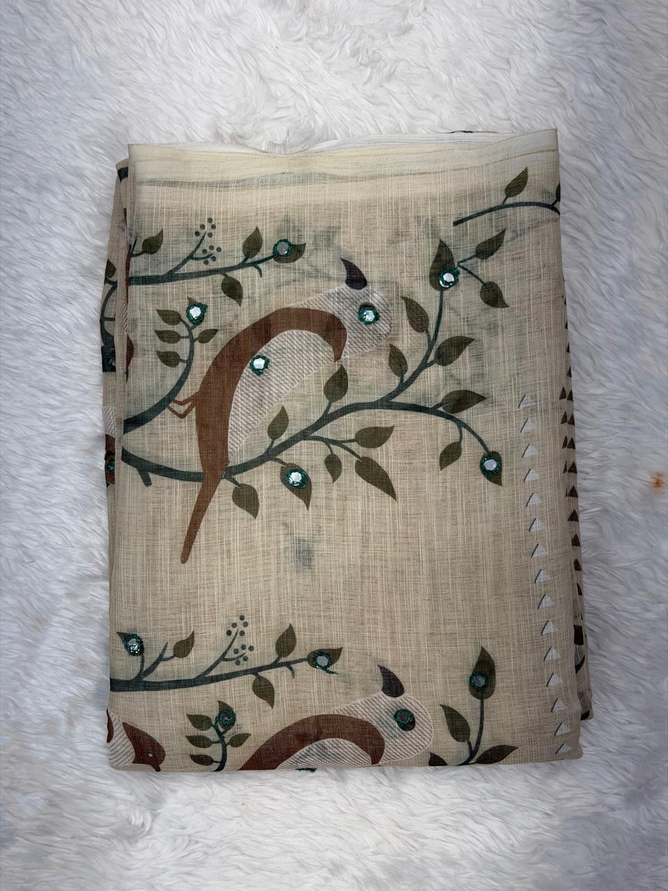 Elegant Beige Handcrafted Print Saree with Olive Green Contrast Border
