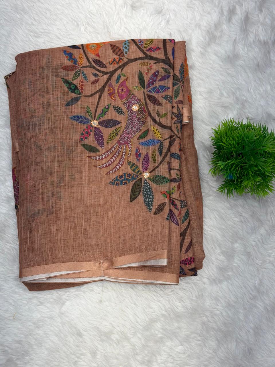 Ivory Heritage Tree Print Linen Saree with Artistic Nature Motifs