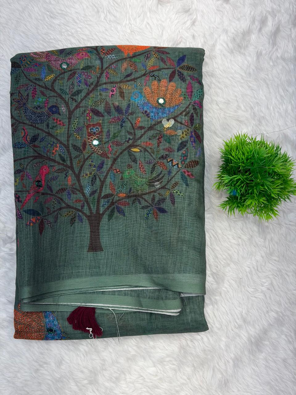 Ivory Heritage Tree Print Linen Saree with Artistic Nature Motifs