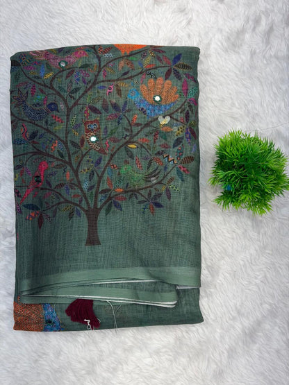Ivory Heritage Tree Print Linen Saree with Artistic Nature Motifs