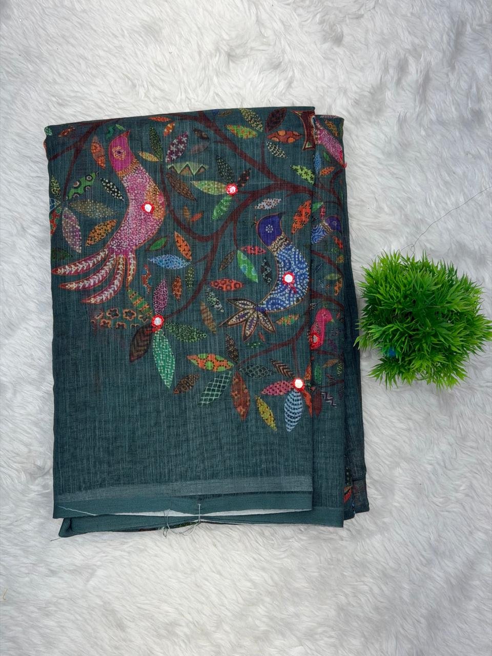 Ivory Heritage Tree Print Linen Saree with Artistic Nature Motifs