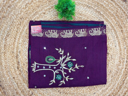 Traditional Handloom Style Cotton Saree in Green & Mustard Gold