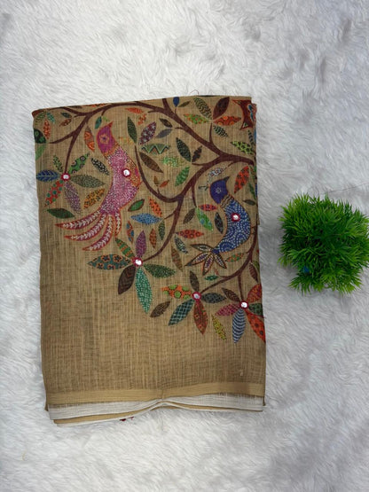 Ivory Heritage Tree Print Linen Saree with Artistic Nature Motifs