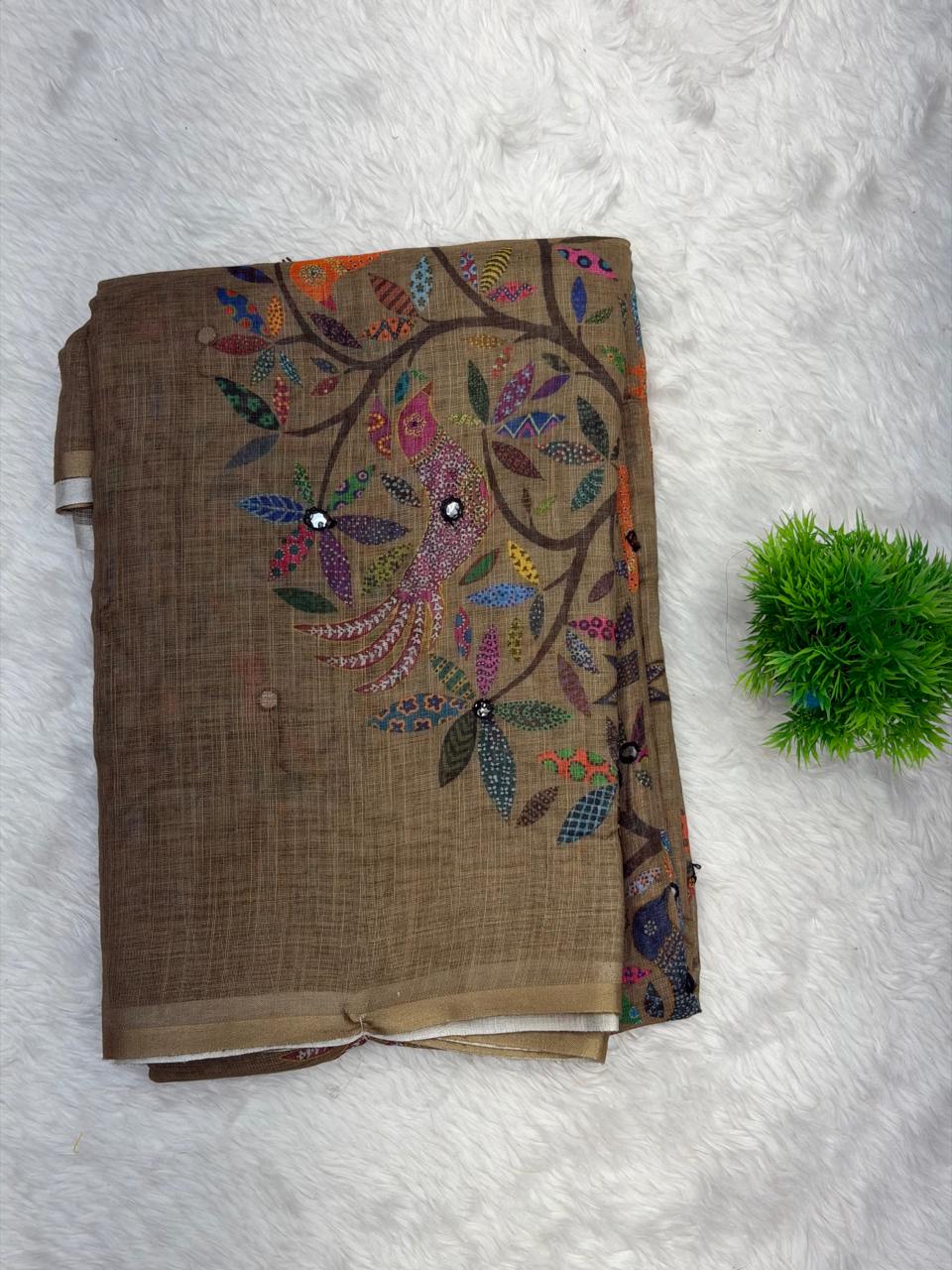 Ivory Heritage Tree Print Linen Saree with Artistic Nature Motifs