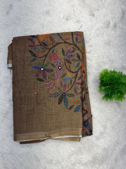 Ivory Heritage Tree Print Linen Saree with Artistic Nature Motifs