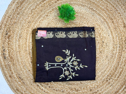 Traditional Handloom Style Cotton Saree in Green & Mustard Gold