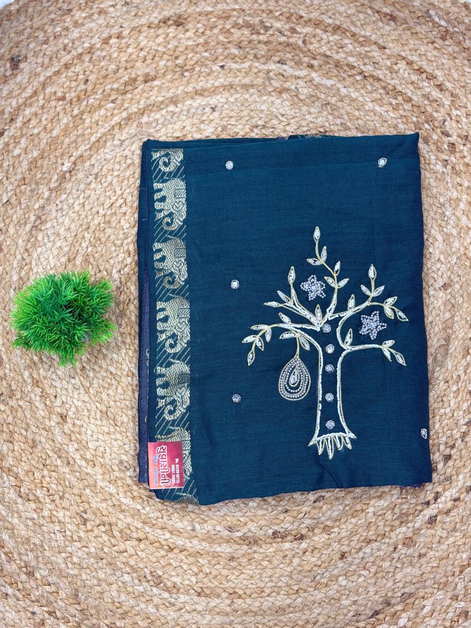 Traditional Handloom Style Cotton Saree in Green & Mustard Gold