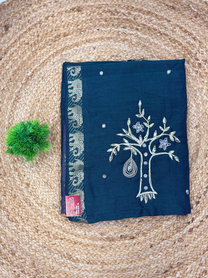 Traditional Handloom Style Cotton Saree in Green & Mustard Gold