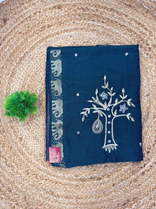 Traditional Handloom Style Cotton Saree in Green & Mustard Gold