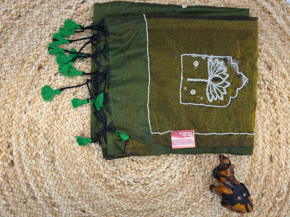 Emerald Green Traditional Drape Saree Set with Handcrafted Dupatta