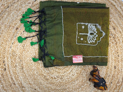 Emerald Green Traditional Drape Saree Set with Handcrafted Dupatta