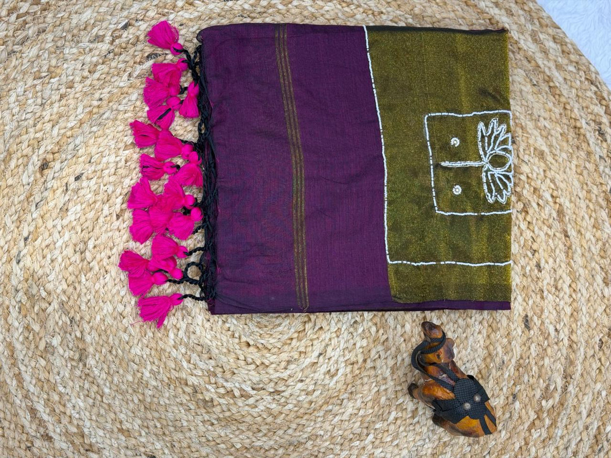 Emerald Green Traditional Drape Saree Set with Handcrafted Dupatta