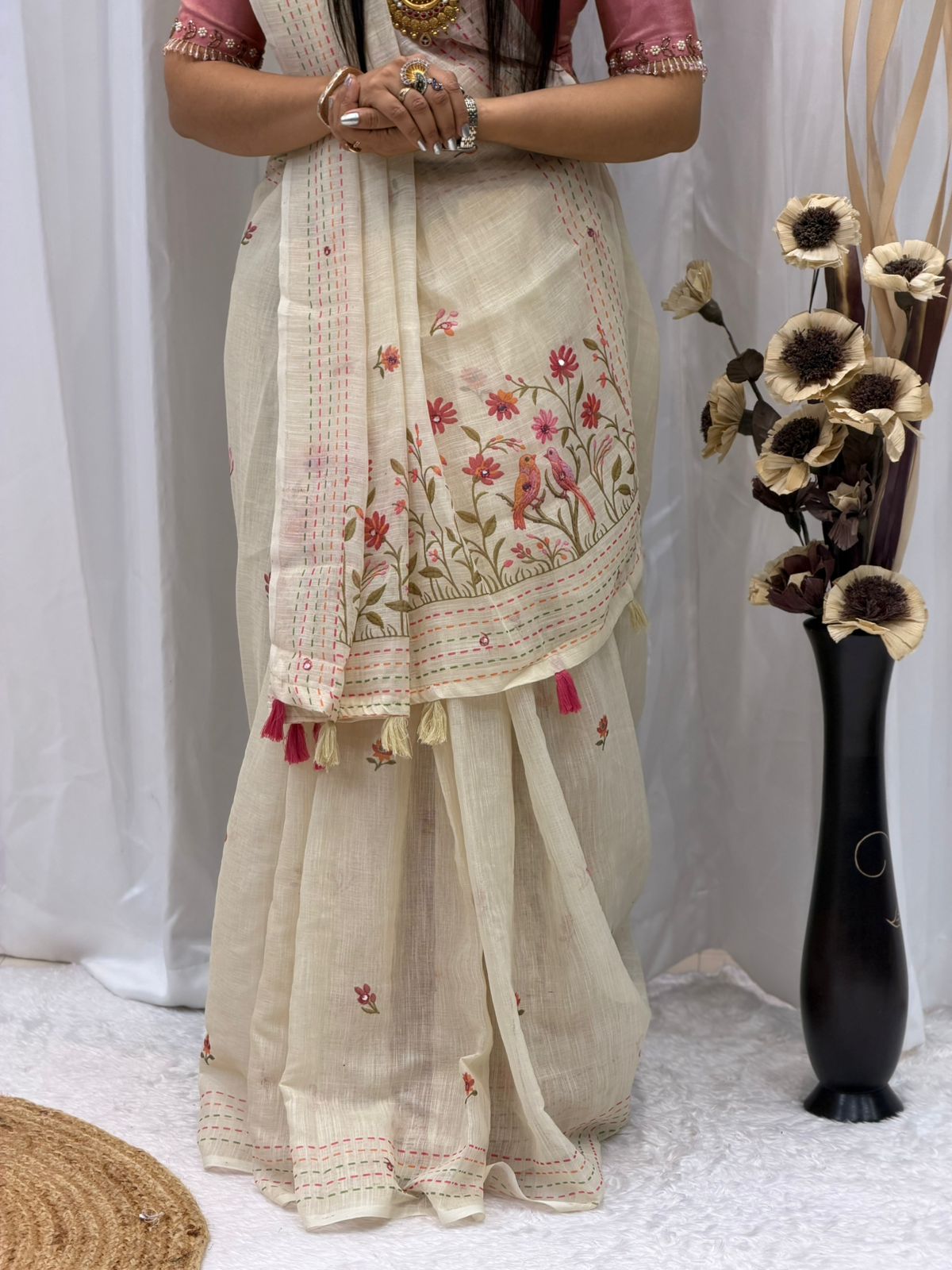 Premium Off-White Handcrafted Linen Saree with Pink Designer Blouse | Floral & Elephant Print Festive Wear