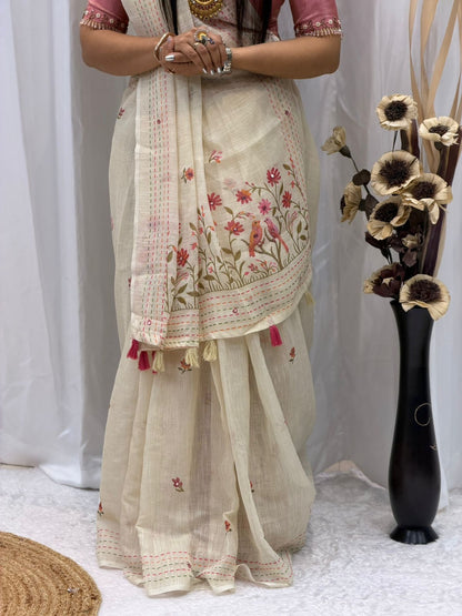 Premium Off-White Handcrafted Linen Saree with Pink Designer Blouse | Floral & Elephant Print Festive Wear