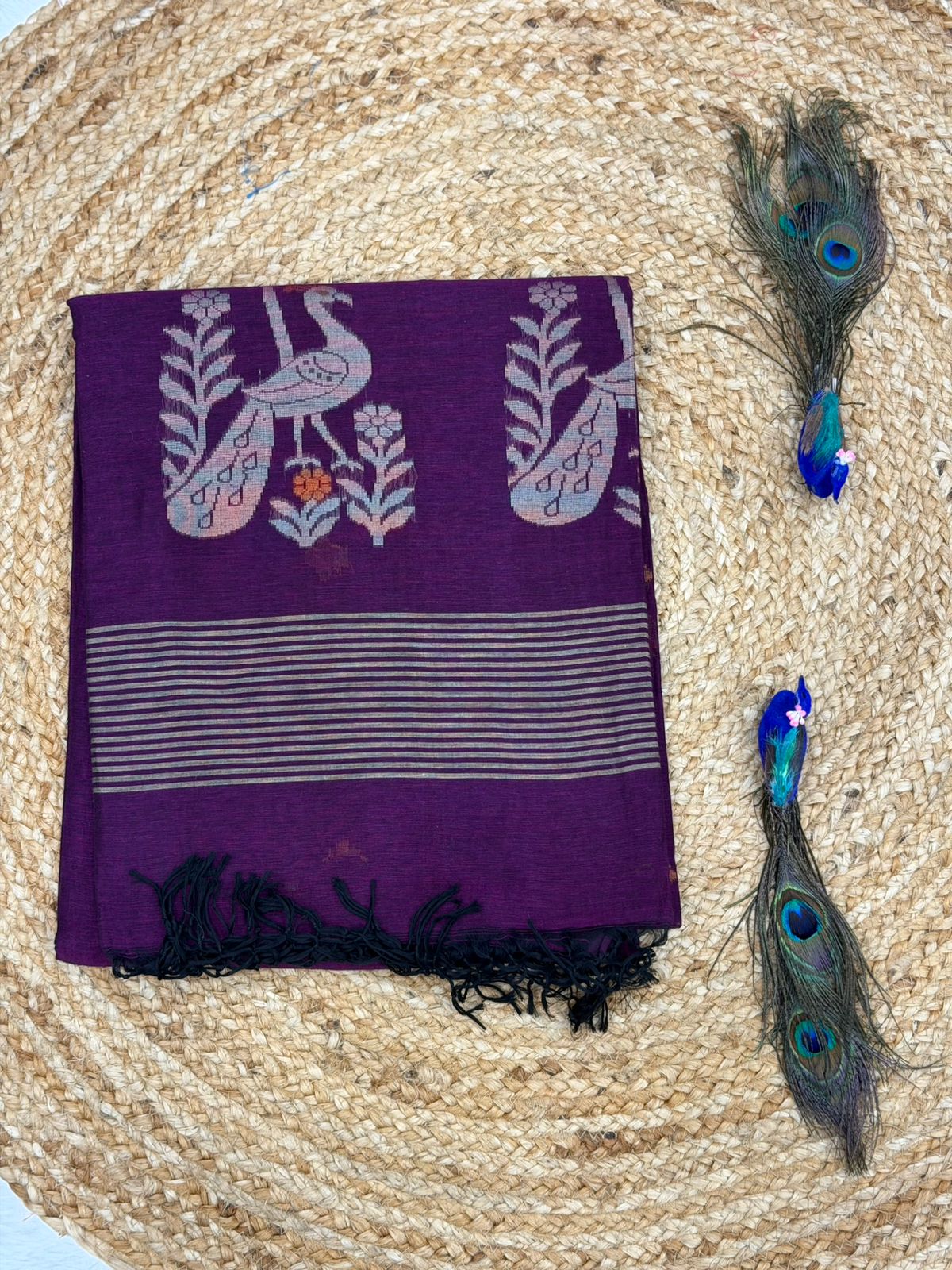 Premium Deep Purple Linen Saree with Woven Floral Border | Elegant Traditional & Festive Wear for Women