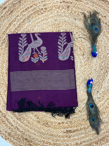 Premium Deep Purple Linen Saree with Woven Floral Border | Elegant Traditional & Festive Wear for Women