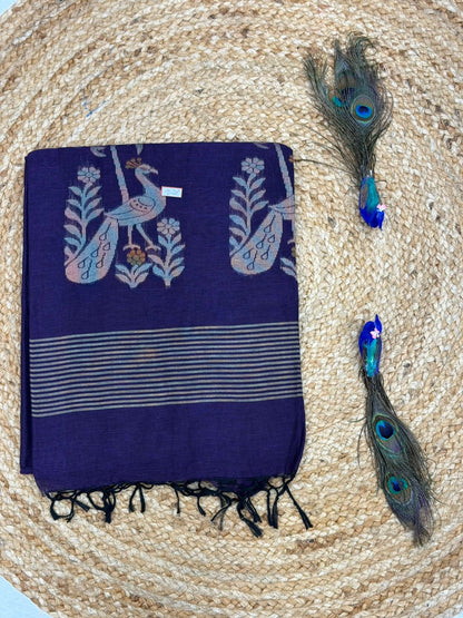 Premium Deep Purple Linen Saree with Woven Floral Border | Elegant Traditional & Festive Wear for Women